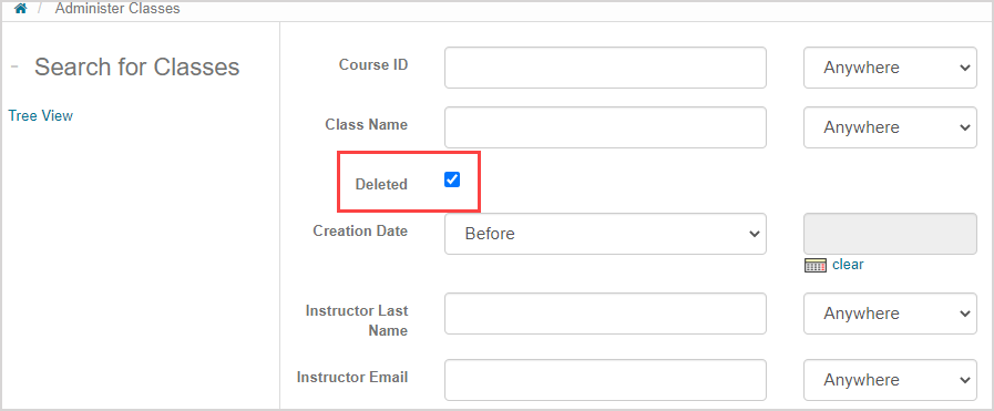 The Search for Classes pane is shown and the Deleted checkbox is highlighted on the right.